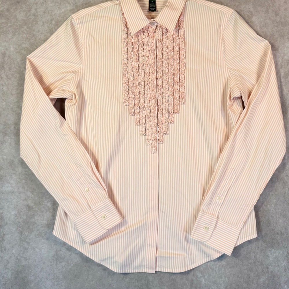 Lauren Ralph Lauren Striped Ruffle Front Tuxedo Shirt Pink Medium Feminine